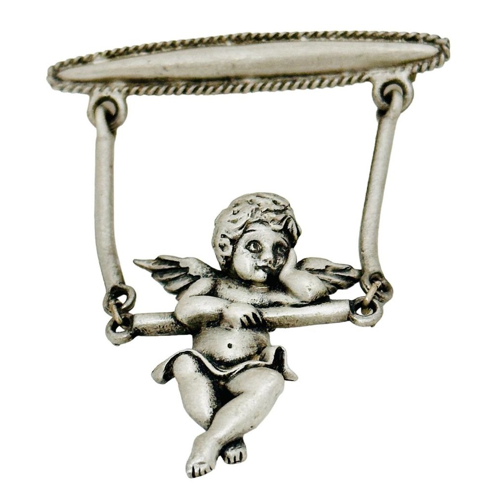 Vintage Jonette Jewelry (JJ) Dangling Cherub on a Swing Brooch/Pin
